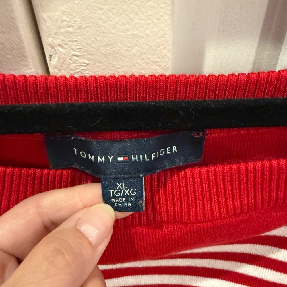 Tommy Hilfiger Red & White Off-the-Shoulder Striped Sweater - Picture 2 of 3